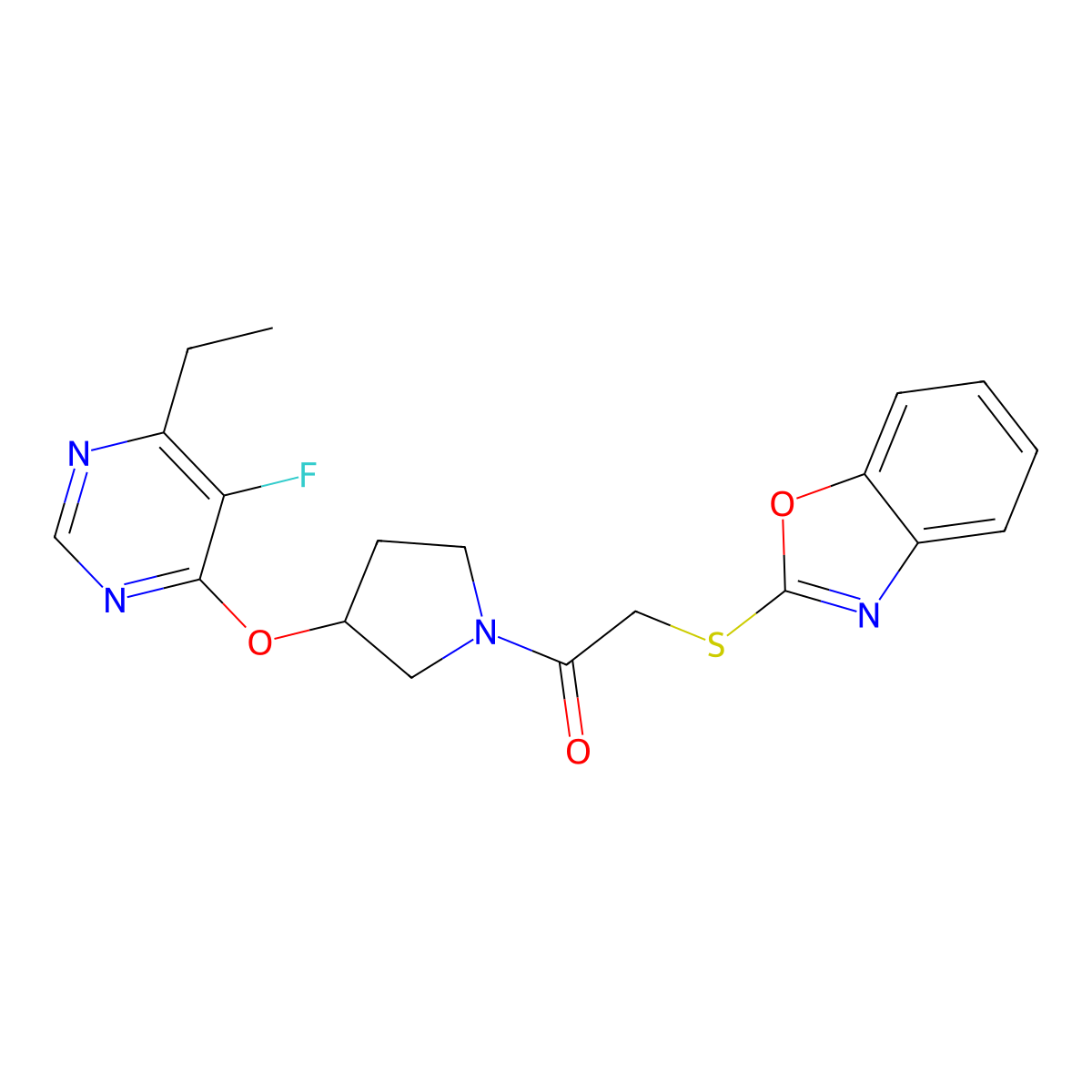 2-(Benzo[d]oxazol-2-ylthio)-1-(3-((6-ethyl-5-fluoropyrimidin-4-yl)oxy)pyrrolidin-1-yl)ethanone molecular structure, CAS 2034494-42-1