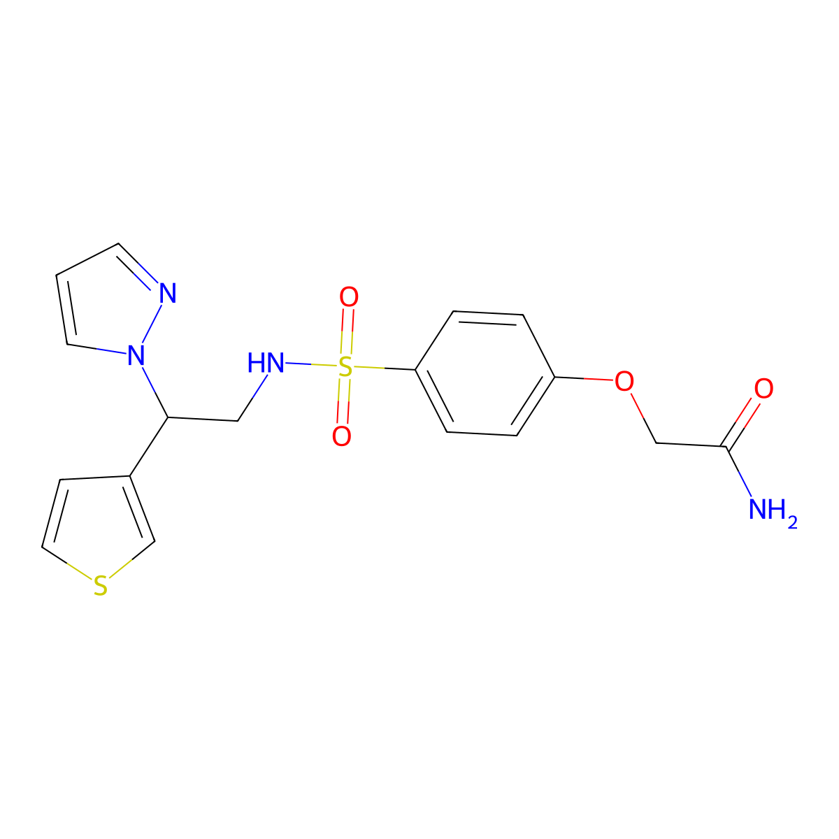 2-(4-(N-(2-(1H-pyrazol-1-yl)-2-(thiophen-3-yl)ethyl)sulfamoyl)phenoxy)acetamide molecular structure, CAS 2034494-47-6