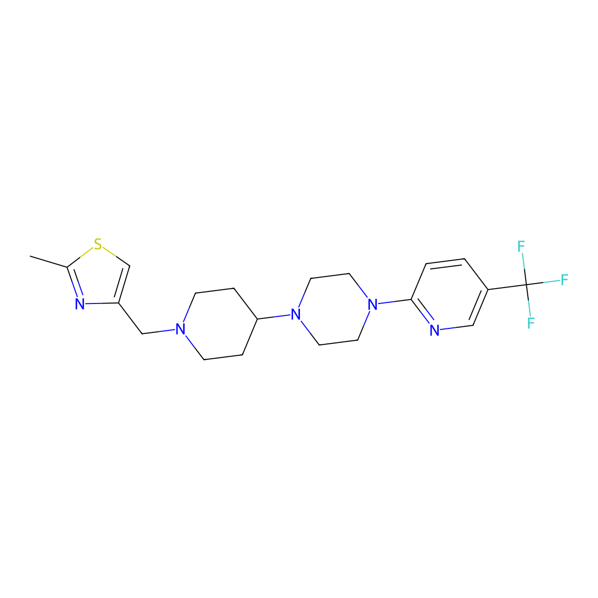 2-Methyl-4-((4-(4-(5-(trifluoromethyl)pyridin-2-yl)piperazin-1-yl)piperidin-1-yl)methyl)thiazole molecular structure, CAS 2034494-48-7