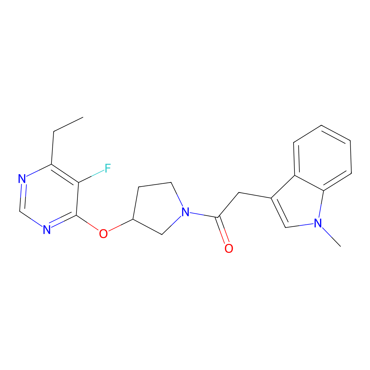 1-(3-((6-ethyl-5-fluoropyrimidin-4-yl)oxy)pyrrolidin-1-yl)-2-(1-methyl-1H-indol-3-yl)ethanone molecular structure, CAS 2034494-51-2
