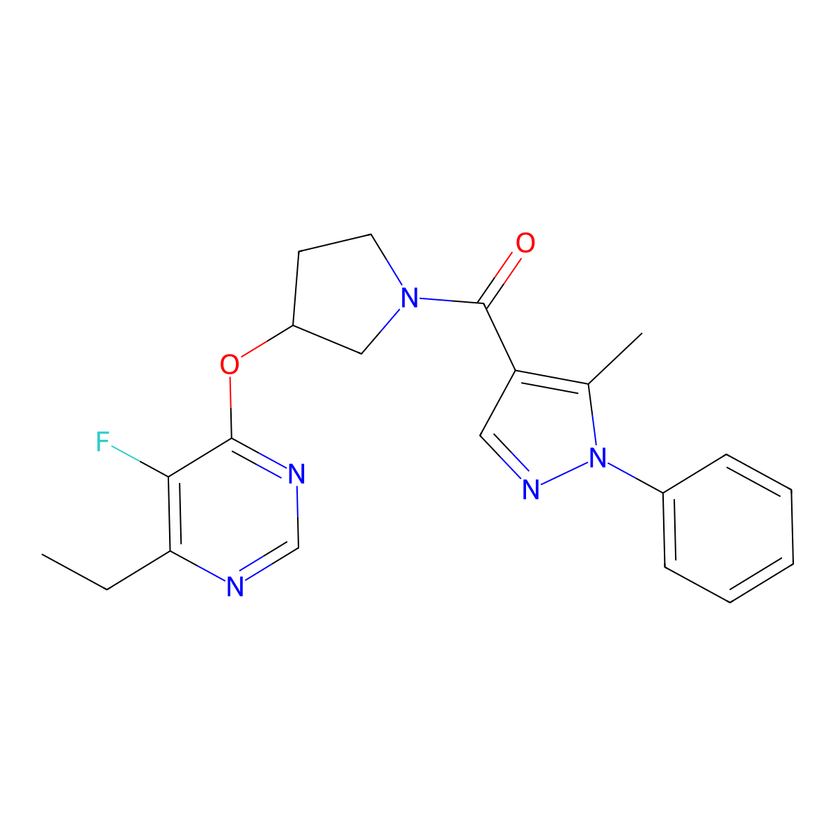 4-ethyl-5-fluoro-6-{[1-(5-methyl-1-phenyl-1H-pyrazole-4-carbonyl)pyrrolidin-3-yl]oxy}pyrimidine molecular structure, CAS 2034494-57-8