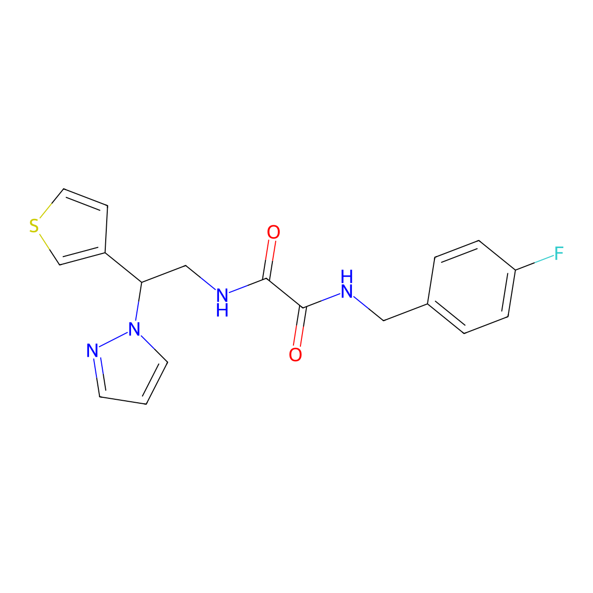 N1-(2-(1H-pyrazol-1-yl)-2-(thiophen-3-yl)ethyl)-N2-(4-fluorobenzyl)oxalamide molecular structure, CAS 2034494-61-4