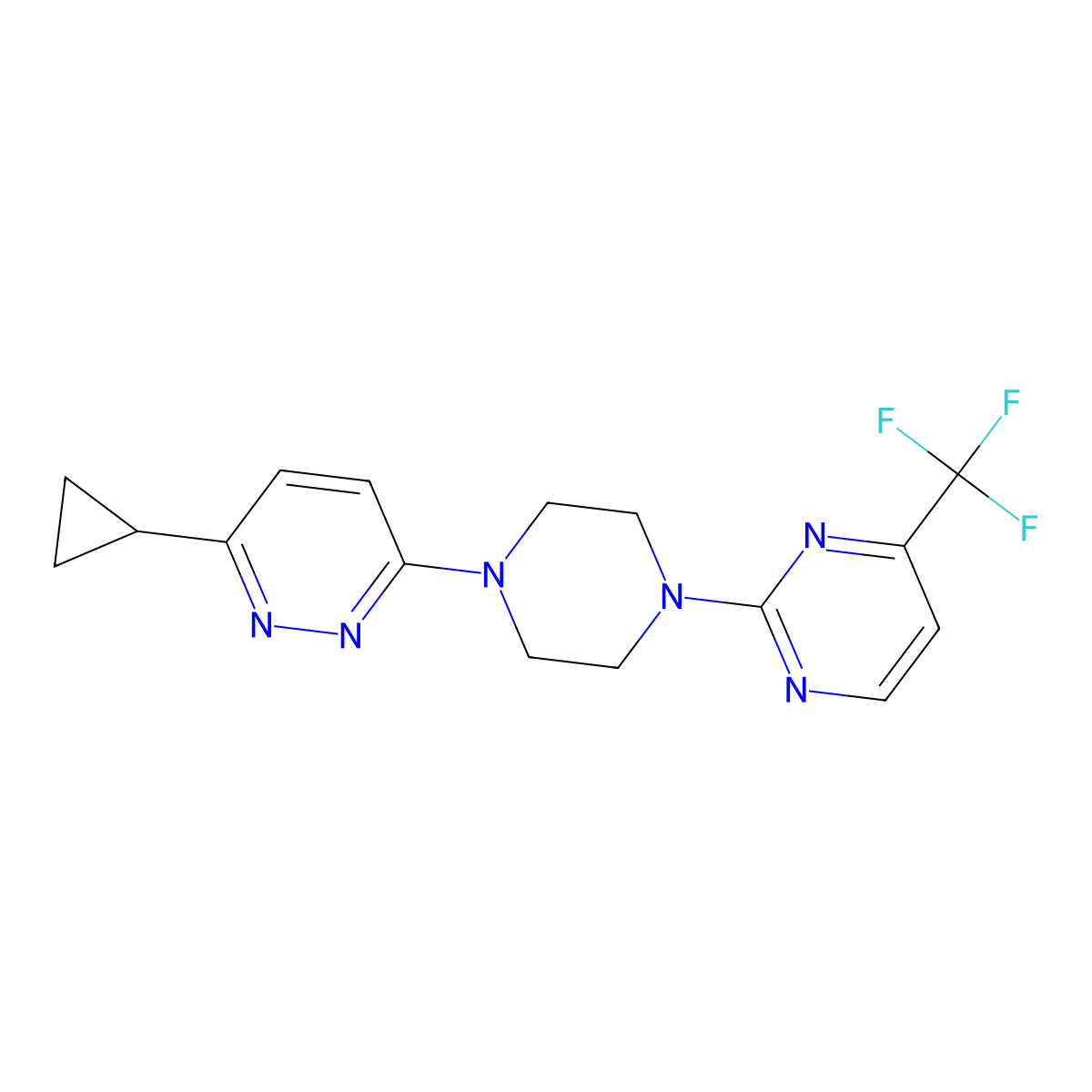 3-Cyclopropyl-6-(4-(4-(trifluoromethyl)pyrimidin-2-yl)piperazin-1-yl)pyridazine molecular structure, CAS 2034494-63-6