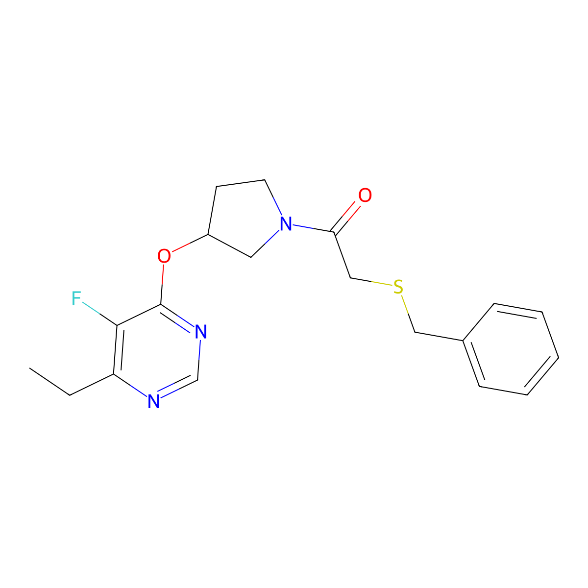 2-(Benzylthio)-1-(3-((6-ethyl-5-fluoropyrimidin-4-yl)oxy)pyrrolidin-1-yl)ethanone molecular structure, CAS 2034494-68-1