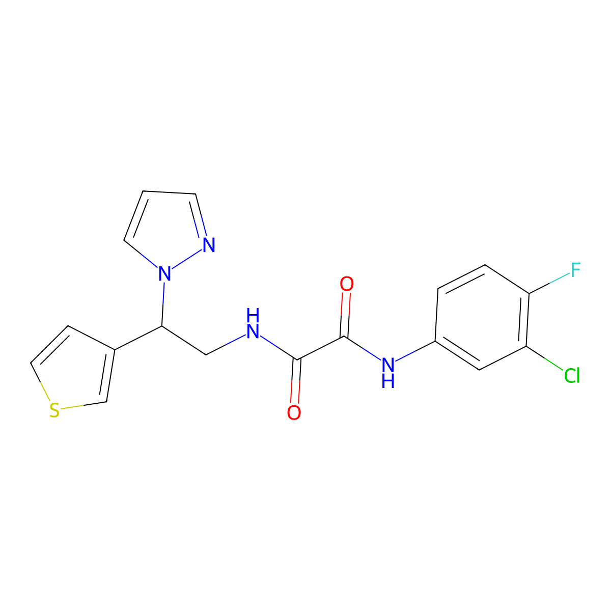 N1-(2-(1H-pyrazol-1-yl)-2-(thiophen-3-yl)ethyl)-N2-(3-chloro-4-fluorophenyl)oxalamide molecular structure, CAS 2034494-72-7