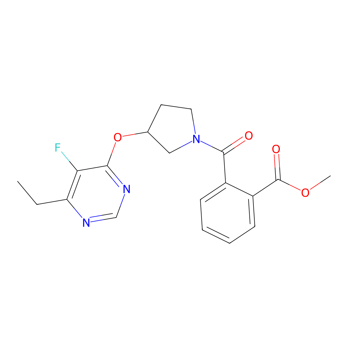 Methyl 2-(3-((6-ethyl-5-fluoropyrimidin-4-yl)oxy)pyrrolidine-1-carbonyl)benzoate molecular structure, CAS 2034494-75-0