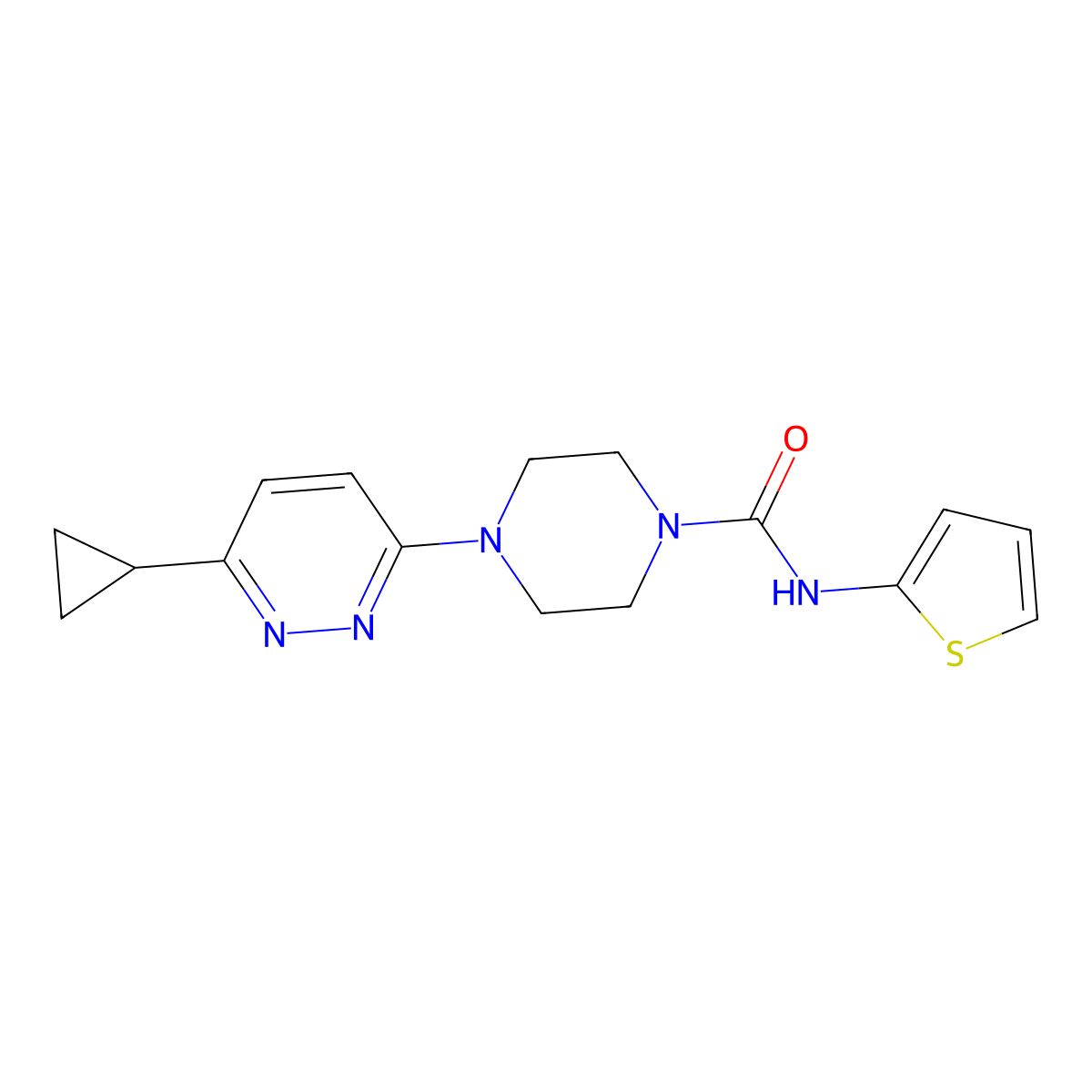 4-(6-cyclopropylpyridazin-3-yl)-N-(thiophen-2-yl)piperazine-1-carboxamide molecular structure, CAS 2034494-76-1