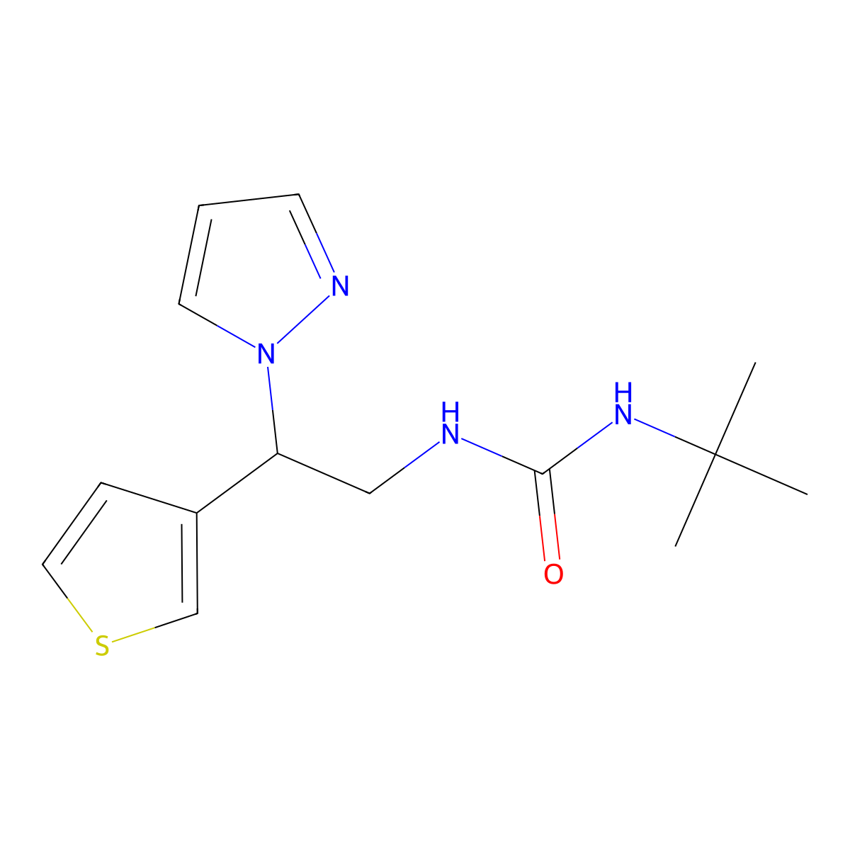 1-(2-(1H-pyrazol-1-yl)-2-(thiophen-3-yl)ethyl)-3-(tert-butyl)urea molecular structure, CAS 2034494-79-4