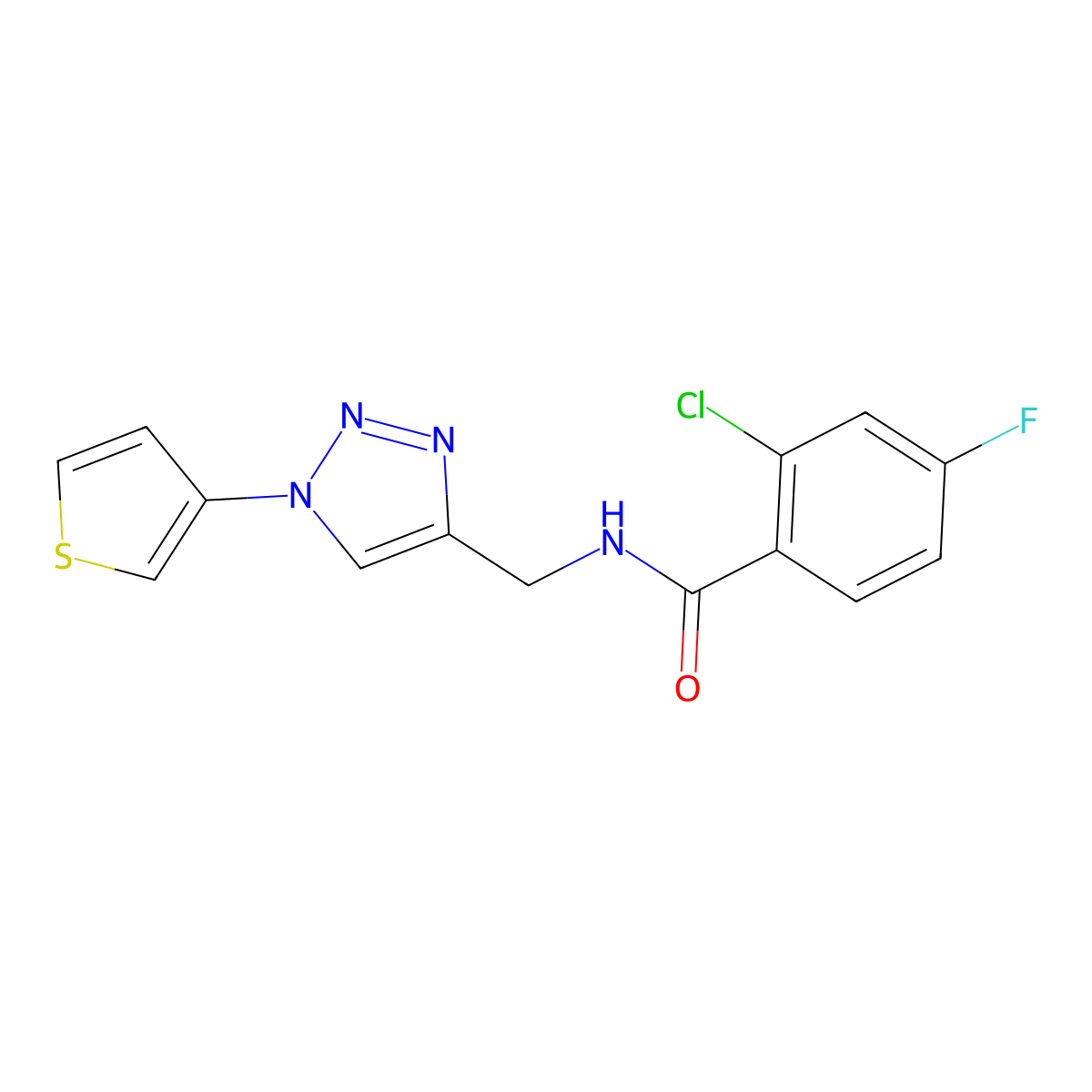 2-chloro-4-fluoro-N-((1-(thiophen-3-yl)-1H-1,2,3-triazol-4-yl)methyl)benzamide molecular structure, CAS 2034494-92-1