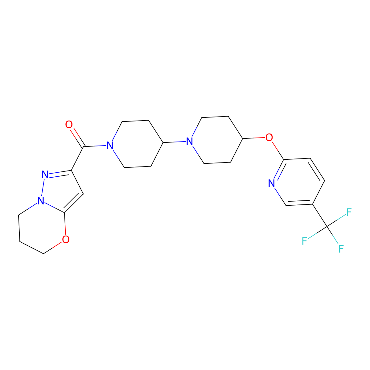 1'-{5H,6H,7H-pyrazolo[3,2-b][1,3]oxazine-2-carbonyl}-4-{[5-(trifluoromethyl)pyridin-2-yl]oxy}-1,4'-bipiperidine molecular structure, CAS 2034494-96-5