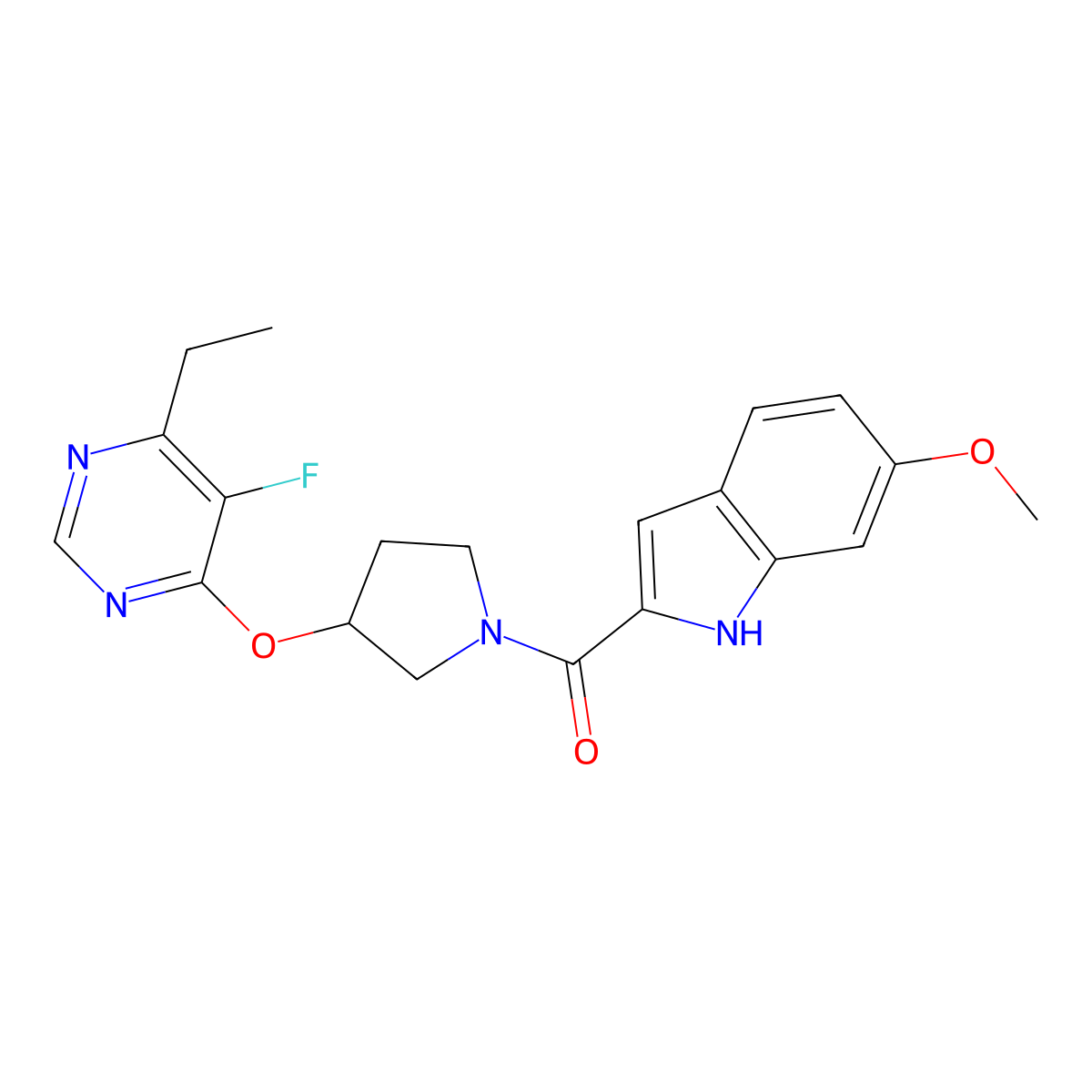 (3-((6-ethyl-5-fluoropyrimidin-4-yl)oxy)pyrrolidin-1-yl)(6-methoxy-1H-indol-2-yl)methanone molecular structure, CAS 2034494-97-6