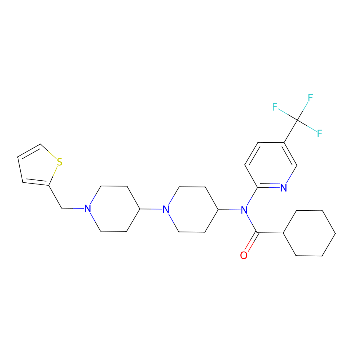 N-{1'-[(thiophen-2-yl)methyl]-[1,4'-bipiperidine]-4-yl}-N-[5-(trifluoromethyl)pyridin-2-yl]cyclohexanecarboxamide molecular structure, CAS 2034495-04-8
