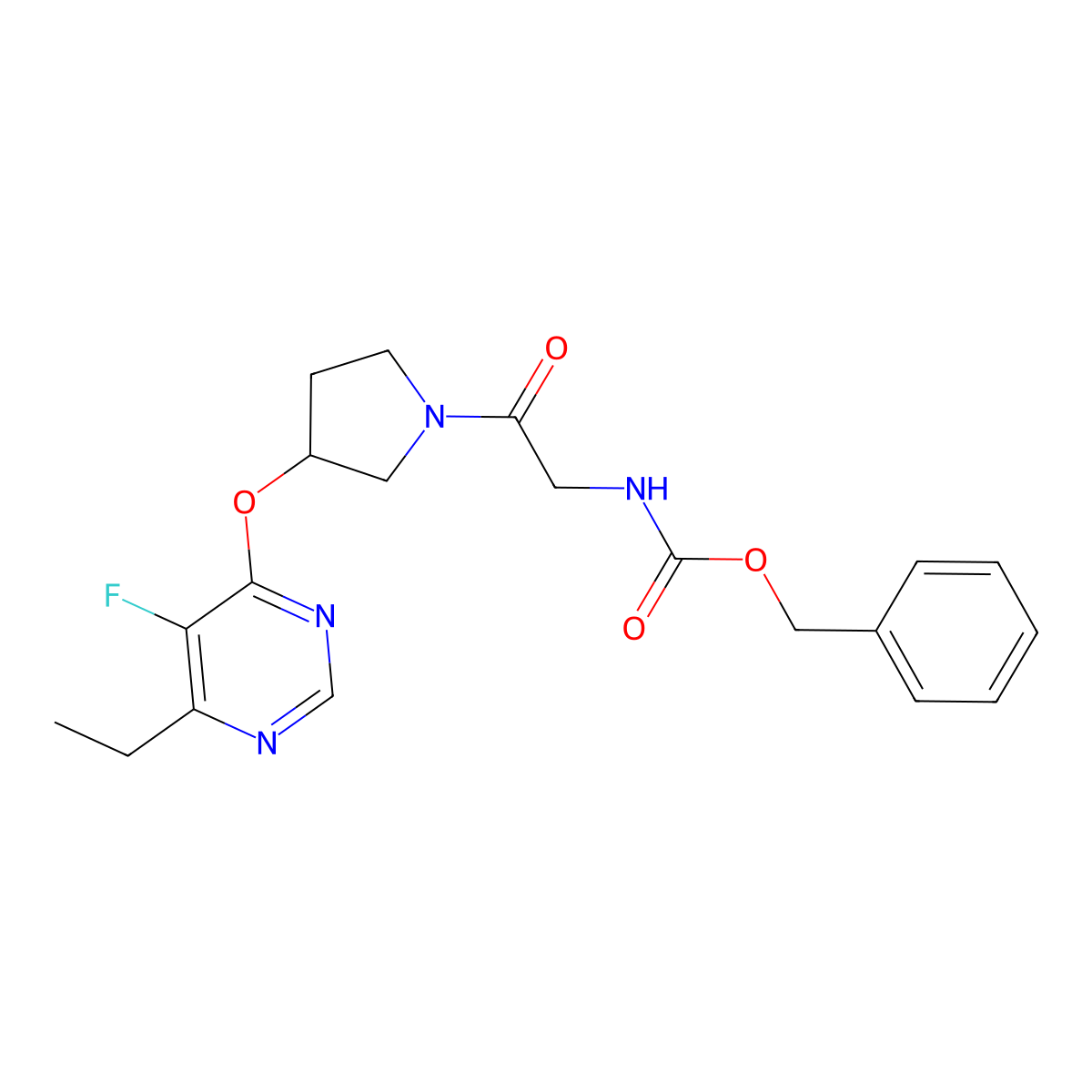 Benzyl (2-(3-((6-ethyl-5-fluoropyrimidin-4-yl)oxy)pyrrolidin-1-yl)-2-oxoethyl)carbamate molecular structure, CAS 2034495-05-9