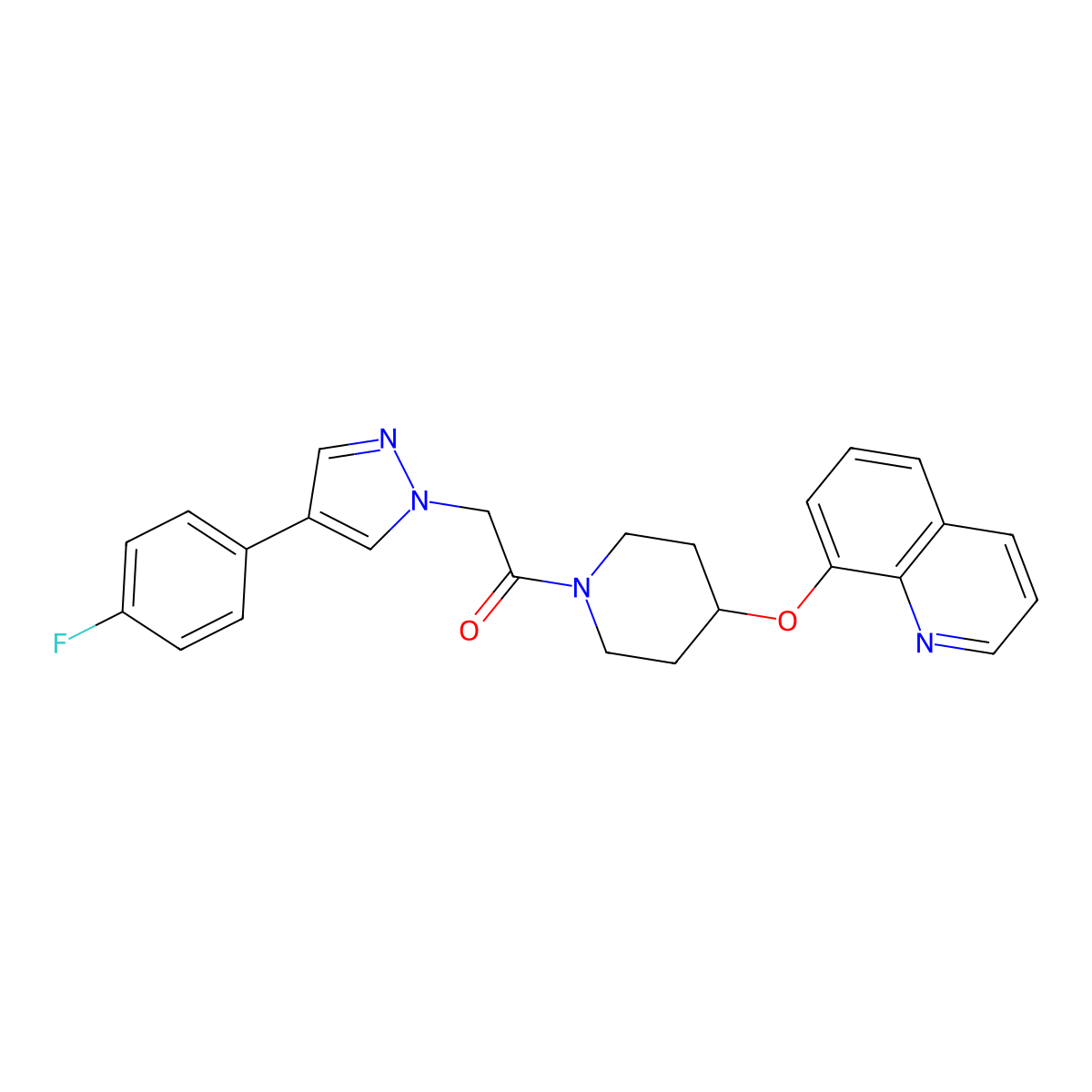 2-(4-(4-fluorophenyl)-1H-pyrazol-1-yl)-1-(4-(quinolin-8-yloxy)piperidin-1-yl)ethanone molecular structure, CAS 2034495-06-0