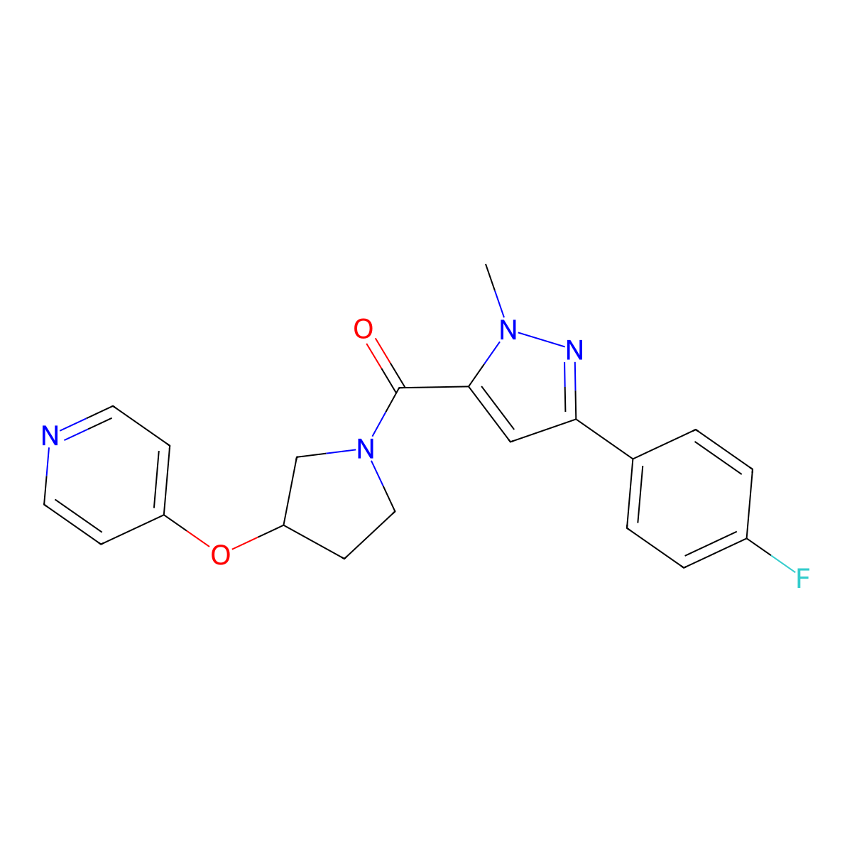 (3-(4-fluorophenyl)-1-methyl-1H-pyrazol-5-yl)(3-(pyridin-4-yloxy)pyrrolidin-1-yl)methanone molecular structure, CAS 2034495-09-3