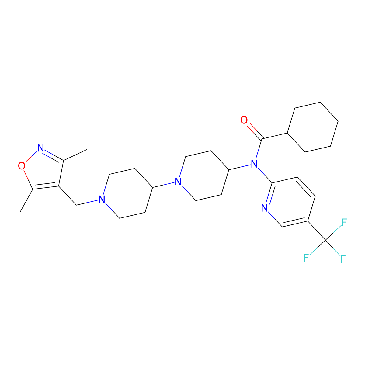 N-(1'-((3,5-dimethylisoxazol-4-yl)methyl)-[1,4'-bipiperidin]-4-yl)-N-(5-(trifluoromethyl)pyridin-2-yl)cyclohexanecarboxamide molecular structure, CAS 2034495-11-7
