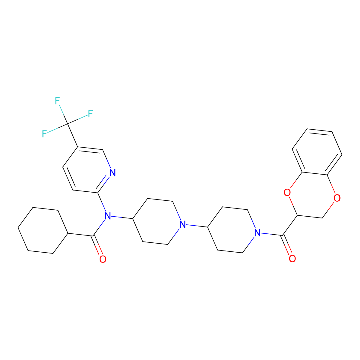 N-[1'-(2,3-dihydro-1,4-benzodioxine-2-carbonyl)-[1,4'-bipiperidine]-4-yl]-N-[5-(trifluoromethyl)pyridin-2-yl]cyclohexanecarboxamide molecular structure, CAS 2034495-15-1