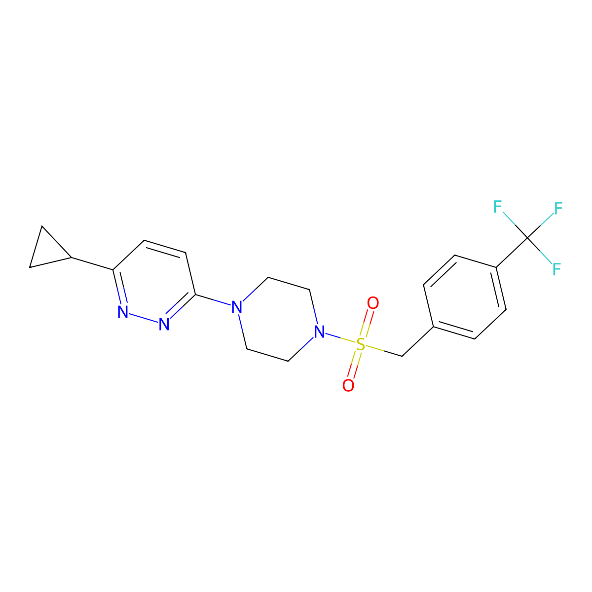 3-Cyclopropyl-6-(4-((4-(trifluoromethyl)benzyl)sulfonyl)piperazin-1-yl)pyridazine molecular structure, CAS 2034495-19-5