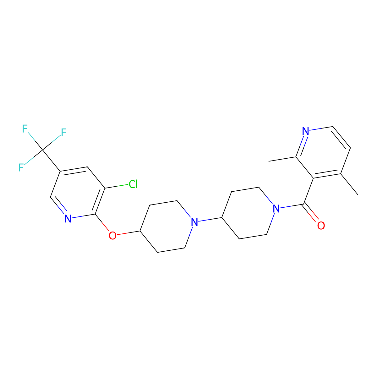 (4-((3-Chloro-5-(trifluoromethyl)pyridin-2-yl)oxy)-[1,4'-bipiperidin]-1'-yl)(2,4-dimethylpyridin-3-yl)methanone molecular structure, CAS 2034495-28-6