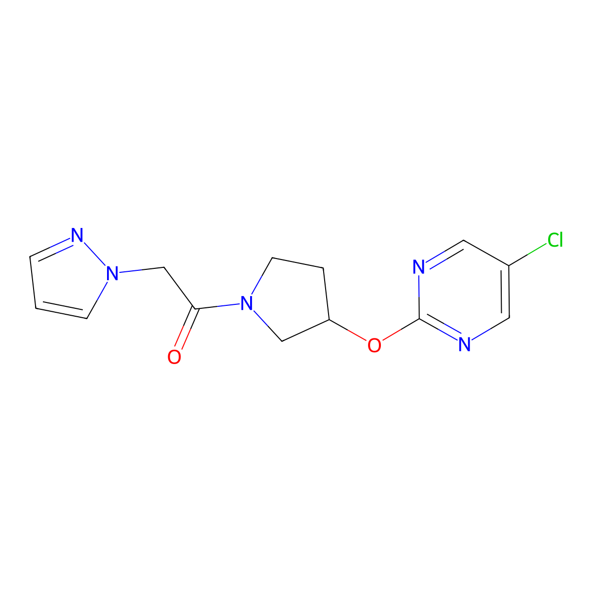 1-(3-((5-chloropyrimidin-2-yl)oxy)pyrrolidin-1-yl)-2-(1H-pyrazol-1-yl)ethanone molecular structure, CAS 2034495-31-1