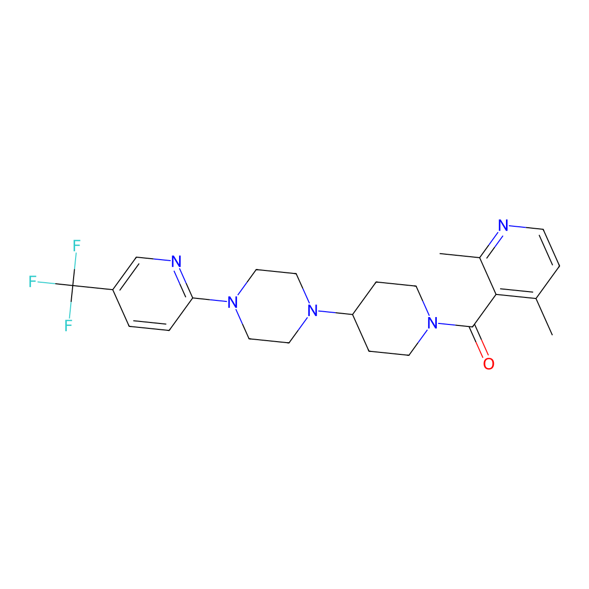 (2,4-Dimethylpyridin-3-yl)(4-(4-(5-(trifluoromethyl)pyridin-2-yl)piperazin-1-yl)piperidin-1-yl)methanone molecular structure, CAS 2034495-34-4