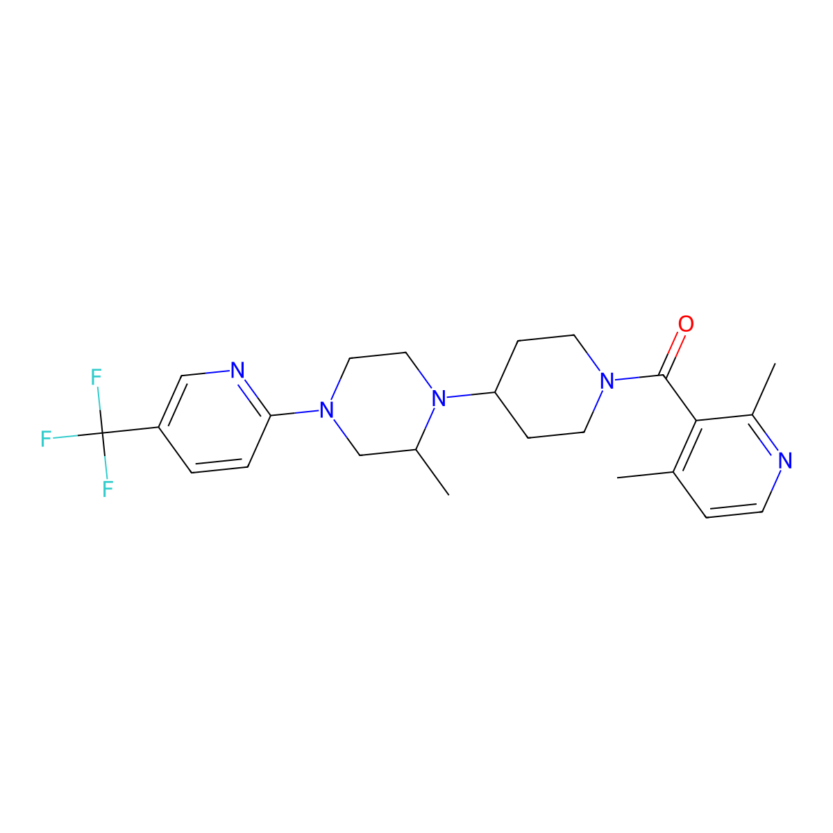 (2,4-Dimethylpyridin-3-yl)(4-(2-methyl-4-(5-(trifluoromethyl)pyridin-2-yl)piperazin-1-yl)piperidin-1-yl)methanone molecular structure, CAS 2034495-49-1