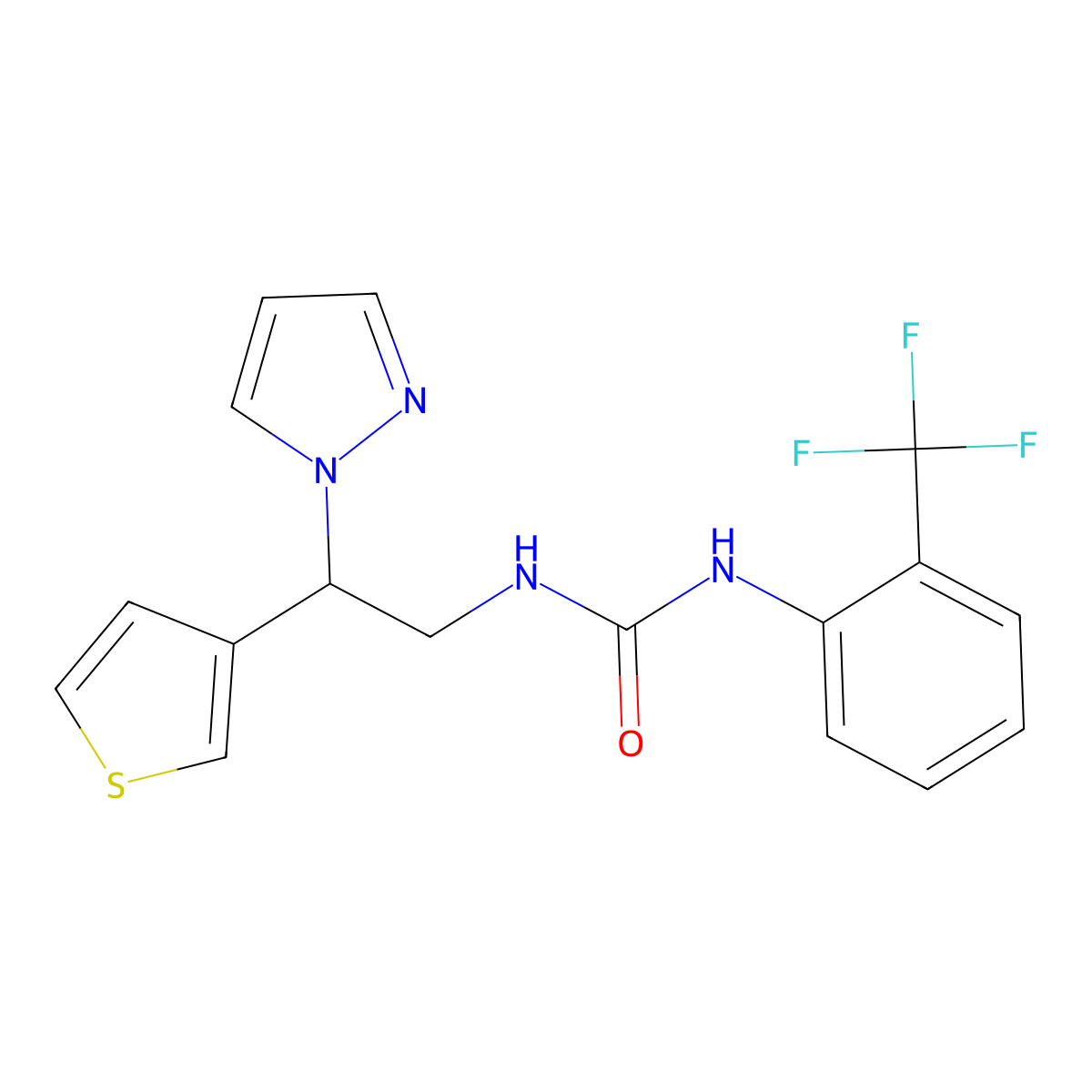 1-(2-(1H-pyrazol-1-yl)-2-(thiophen-3-yl)ethyl)-3-(2-(trifluoromethyl)phenyl)urea molecular structure, CAS 2034495-64-0