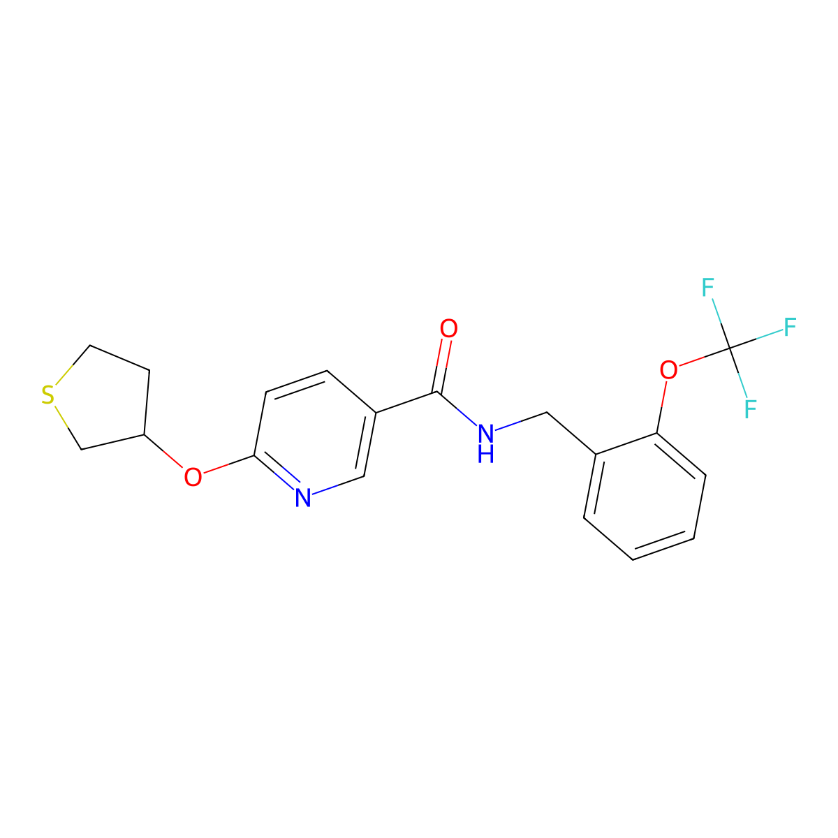 6-((tetrahydrothiophen-3-yl)oxy)-N-(2-(trifluoromethoxy)benzyl)nicotinamide molecular structure, CAS 2034495-72-0
