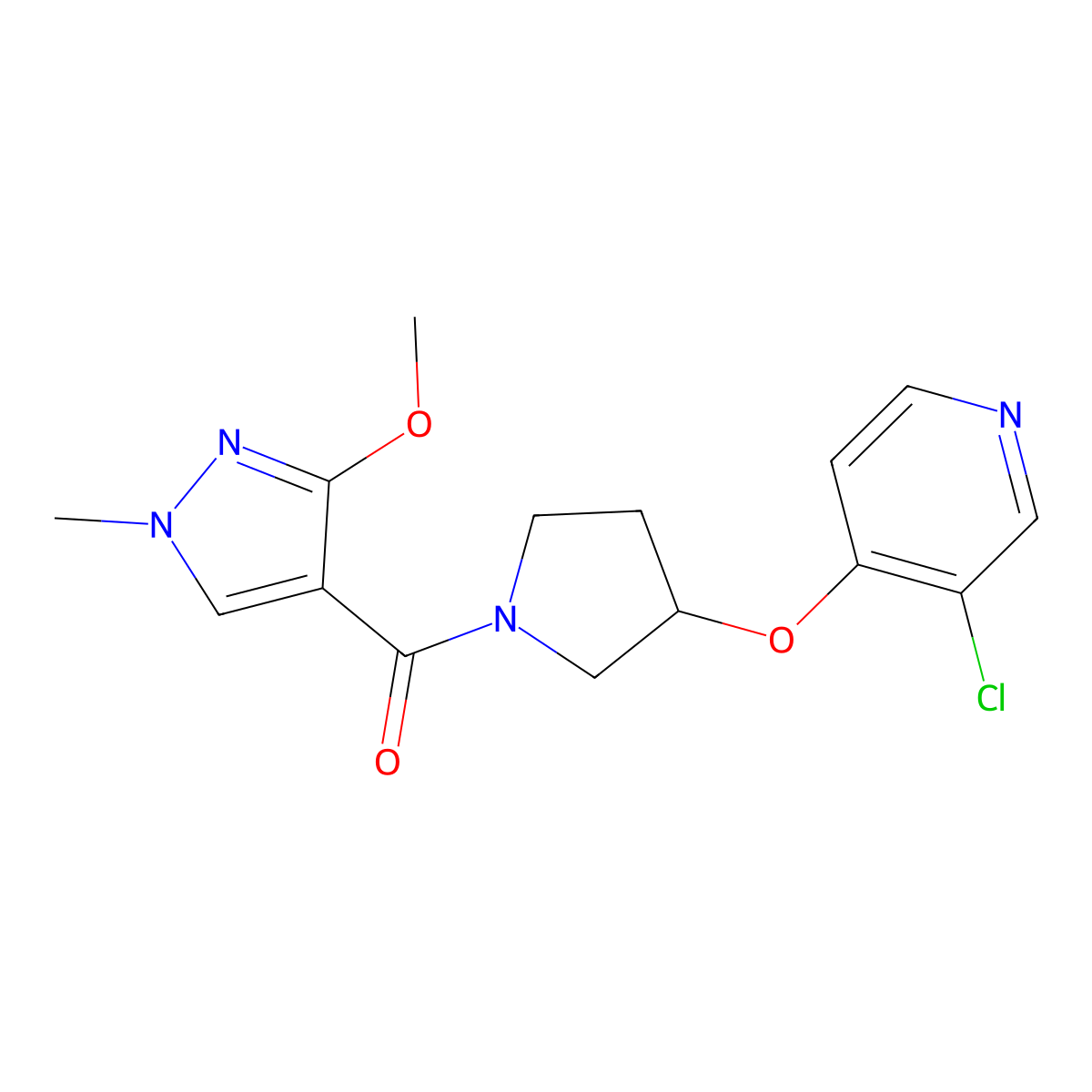 (3-((3-chloropyridin-4-yl)oxy)pyrrolidin-1-yl)(3-methoxy-1-methyl-1H-pyrazol-4-yl)methanone molecular structure, CAS 2034495-76-4