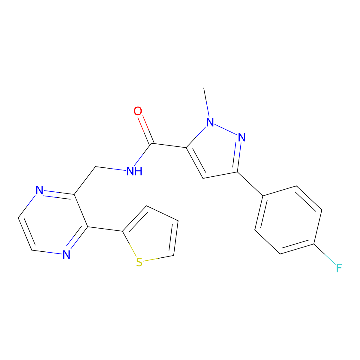 3-(4-fluorophenyl)-1-methyl-N-{[3-(thiophen-2-yl)pyrazin-2-yl]methyl}-1H-pyrazole-5-carboxamide molecular structure, CAS 2034495-77-5
