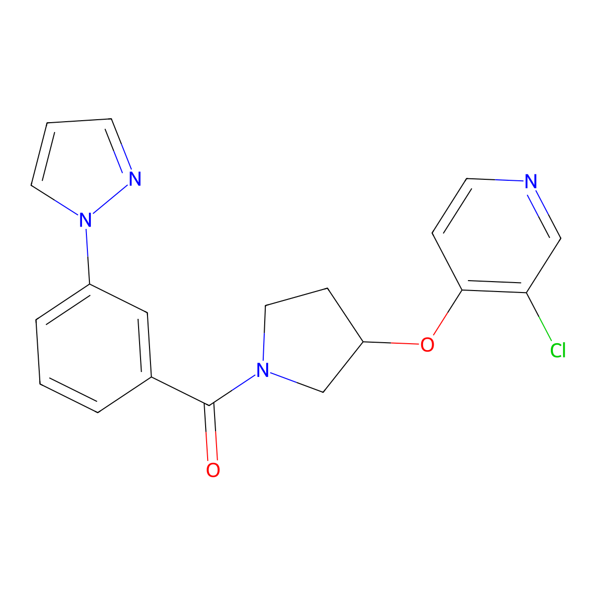 (3-(1H-pyrazol-1-yl)phenyl)(3-((3-chloropyridin-4-yl)oxy)pyrrolidin-1-yl)methanone molecular structure, CAS 2034495-90-2
