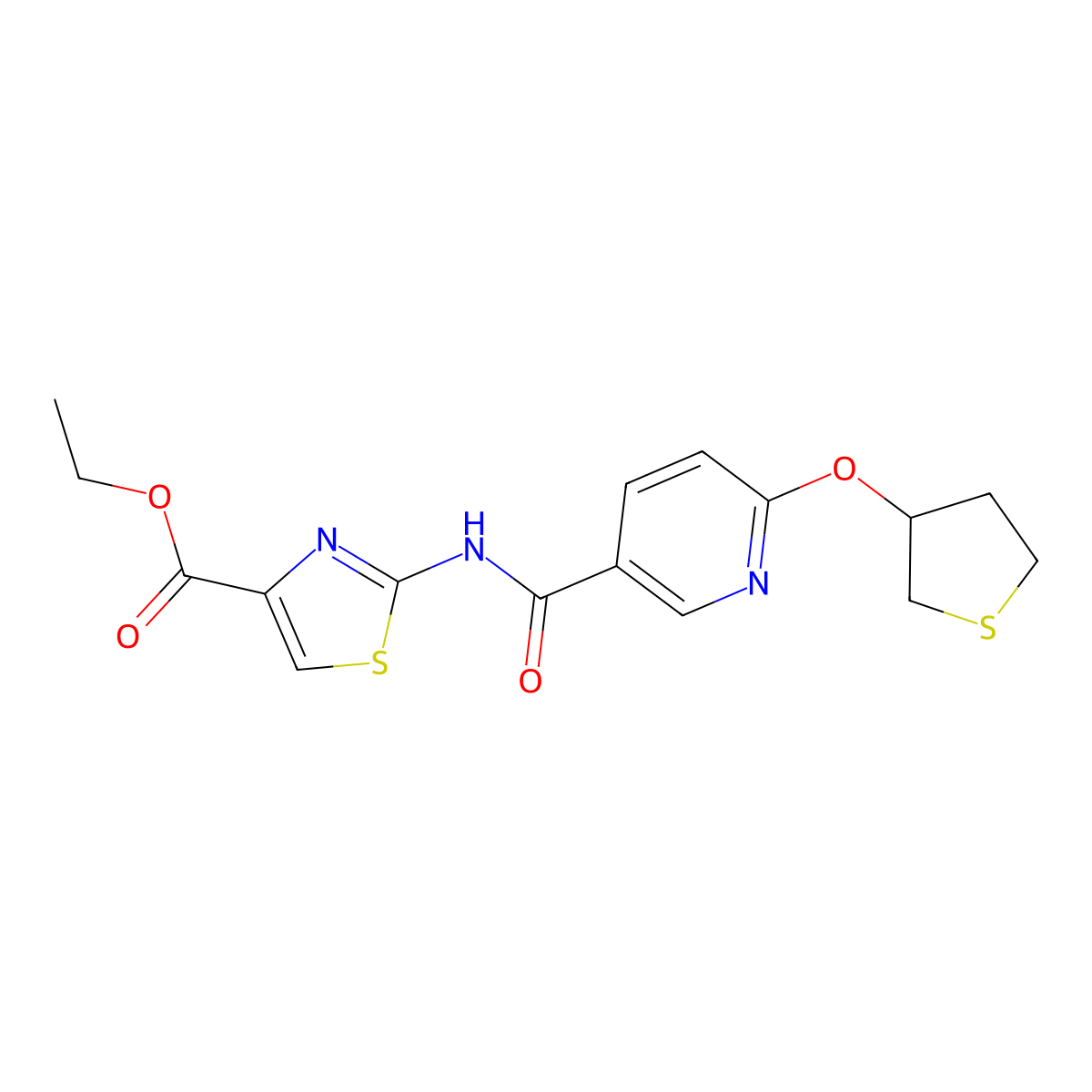 Ethyl 2-(6-((tetrahydrothiophen-3-yl)oxy)nicotinamido)thiazole-4-carboxylate molecular structure, CAS 2034495-98-0