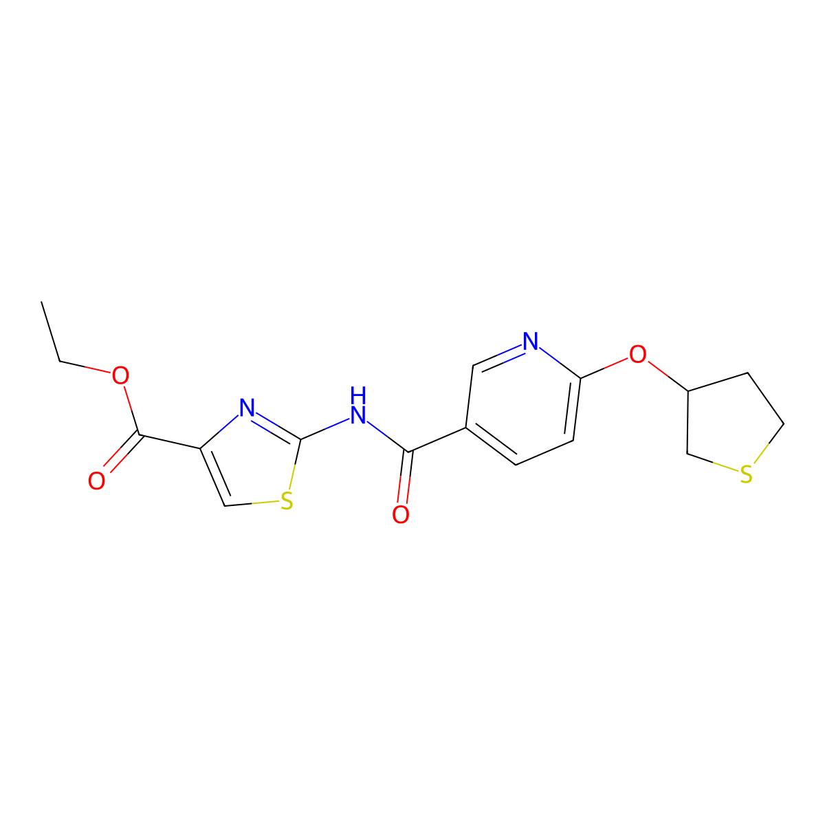 Ethyl 2-(6-((tetrahydrothiophen-3-yl)oxy)nicotinamido)thiazole-4-carboxylate molecular structure, CAS 2034495-98-0