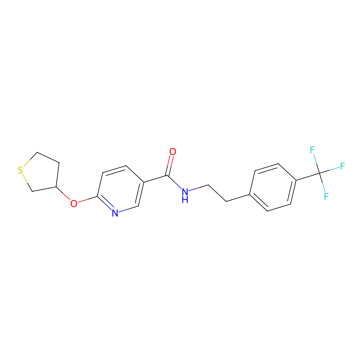 6-((tetrahydrothiophen-3-yl)oxy)-N-(4-(trifluoromethyl)phenethyl)nicotinamide molecular structure, CAS 2034496-16-5