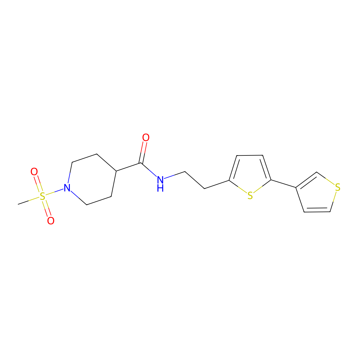 N-(2-{[2,3'-bithiophene]-5-yl}ethyl)-1-methanesulfonylpiperidine-4-carboxamide molecular structure, CAS 2034496-43-8