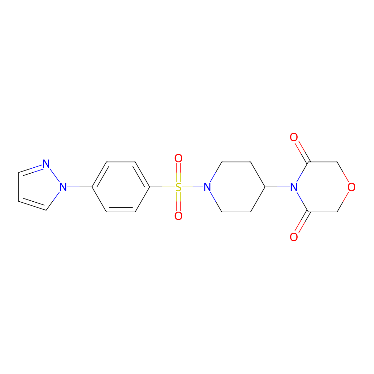 4-(1-((4-(1H-pyrazol-1-yl)phenyl)sulfonyl)piperidin-4-yl)morpholine-3,5-dione molecular structure, CAS 2034496-53-0