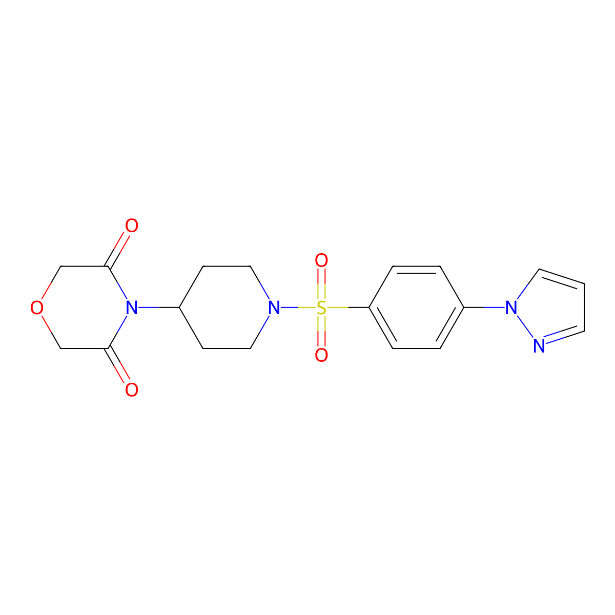 4-(1-((4-(1H-pyrazol-1-yl)phenyl)sulfonyl)piperidin-4-yl)morpholine-3,5-dione molecular structure, CAS 2034496-53-0