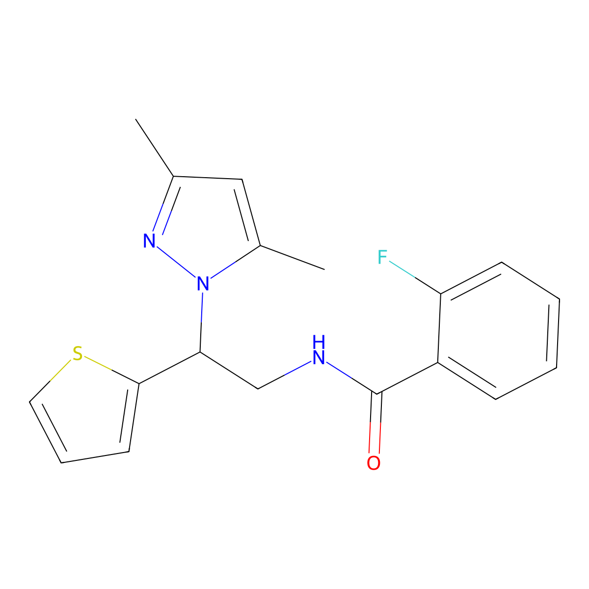 N-(2-(3,5-dimethyl-1H-pyrazol-1-yl)-2-(thiophen-2-yl)ethyl)-2-fluorobenzamide molecular structure, CAS 2034496-72-3
