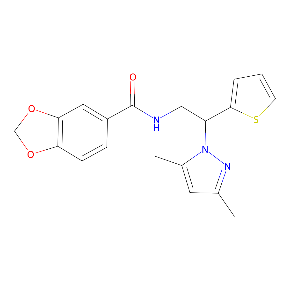 N-(2-(3,5-dimethyl-1H-pyrazol-1-yl)-2-(thiophen-2-yl)ethyl)benzo[d][1,3]dioxole-5-carboxamide molecular structure, CAS 2034496-86-9