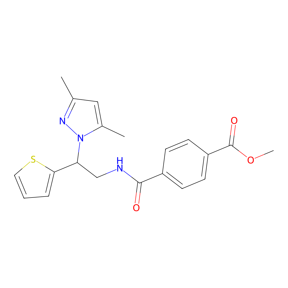 methyl 4-((2-(3,5-dimethyl-1H-pyrazol-1-yl)-2-(thiophen-2-yl)ethyl)carbamoyl)benzoate molecular structure, CAS 2034496-93-8
