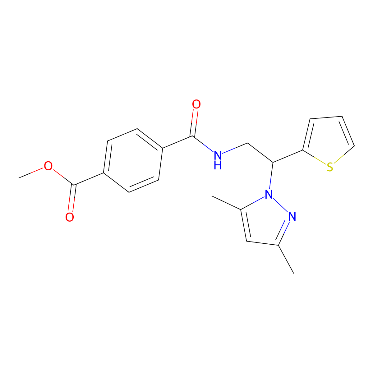 methyl 4-((2-(3,5-dimethyl-1H-pyrazol-1-yl)-2-(thiophen-2-yl)ethyl)carbamoyl)benzoate molecular structure, CAS 2034496-93-8