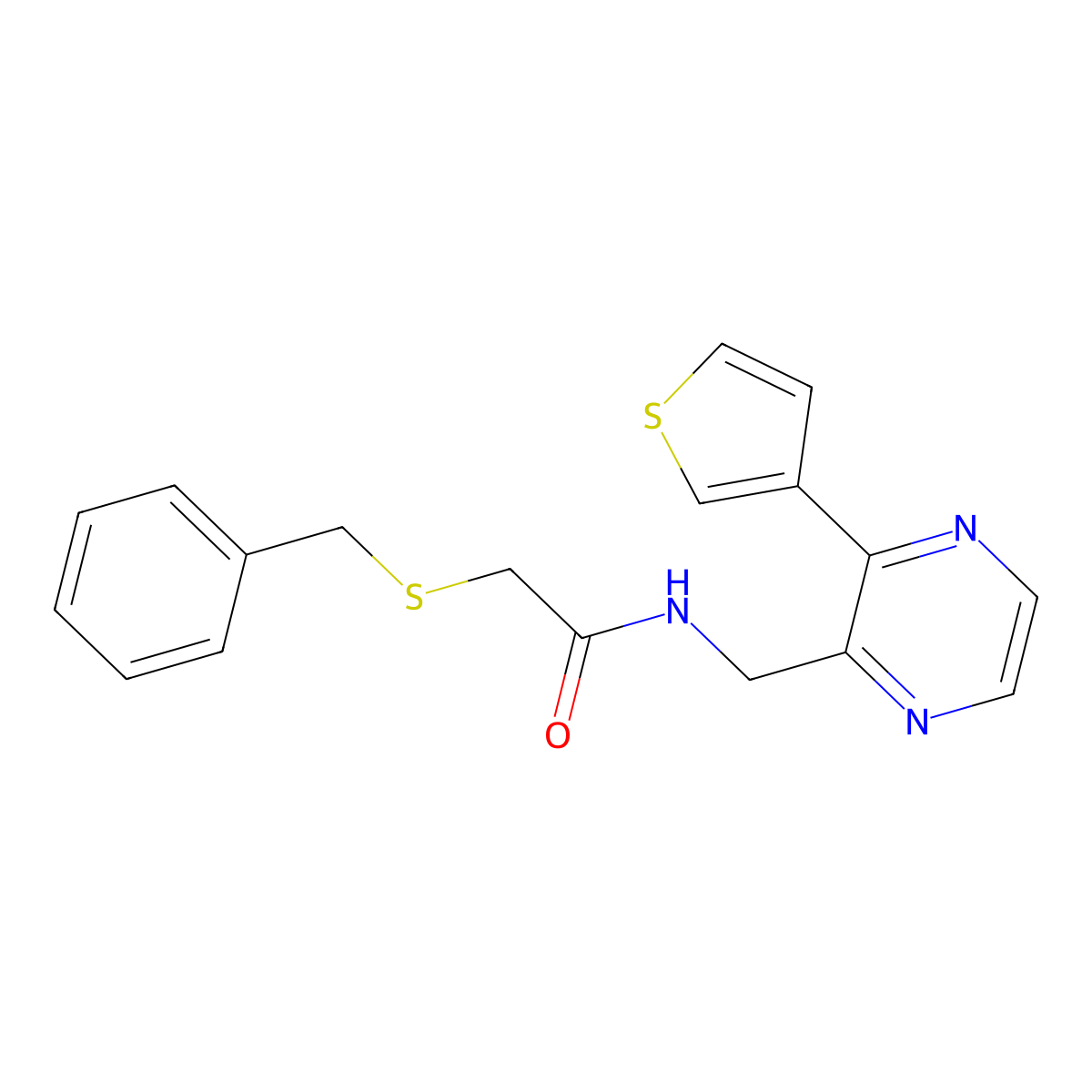 2-(benzylthio)-N-((3-(thiophen-3-yl)pyrazin-2-yl)methyl)acetamide molecular structure, CAS 2034497-05-5