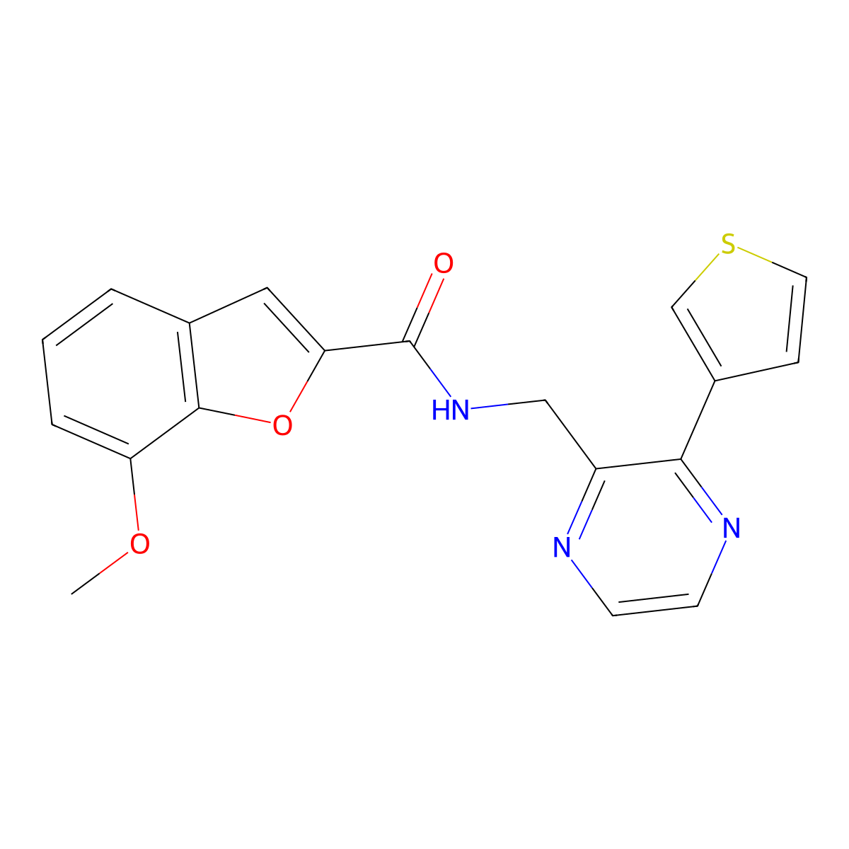 7-methoxy-N-((3-(thiophen-3-yl)pyrazin-2-yl)methyl)benzofuran-2-carboxamide molecular structure, CAS 2034497-10-2