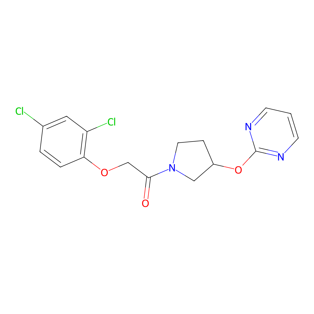 2-(2,4-Dichlorophenoxy)-1-(3-(pyrimidin-2-yloxy)pyrrolidin-1-yl)ethanone molecular structure, CAS 2034497-16-8