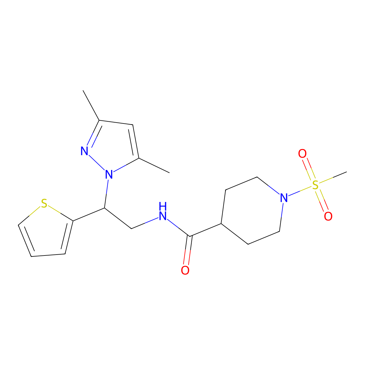 N-(2-(3,5-dimethyl-1H-pyrazol-1-yl)-2-(thiophen-2-yl)ethyl)-1-(methylsulfonyl)piperidine-4-carboxamide molecular structure, CAS 2034497-26-0