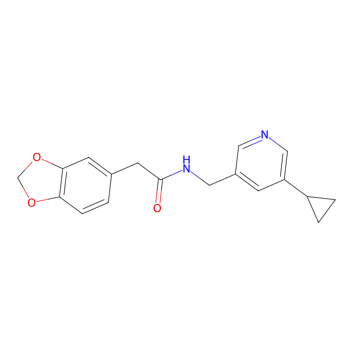 2-(benzo[d][1,3]dioxol-5-yl)-N-((5-cyclopropylpyridin-3-yl)methyl)acetamide molecular structure, CAS 2034497-39-5