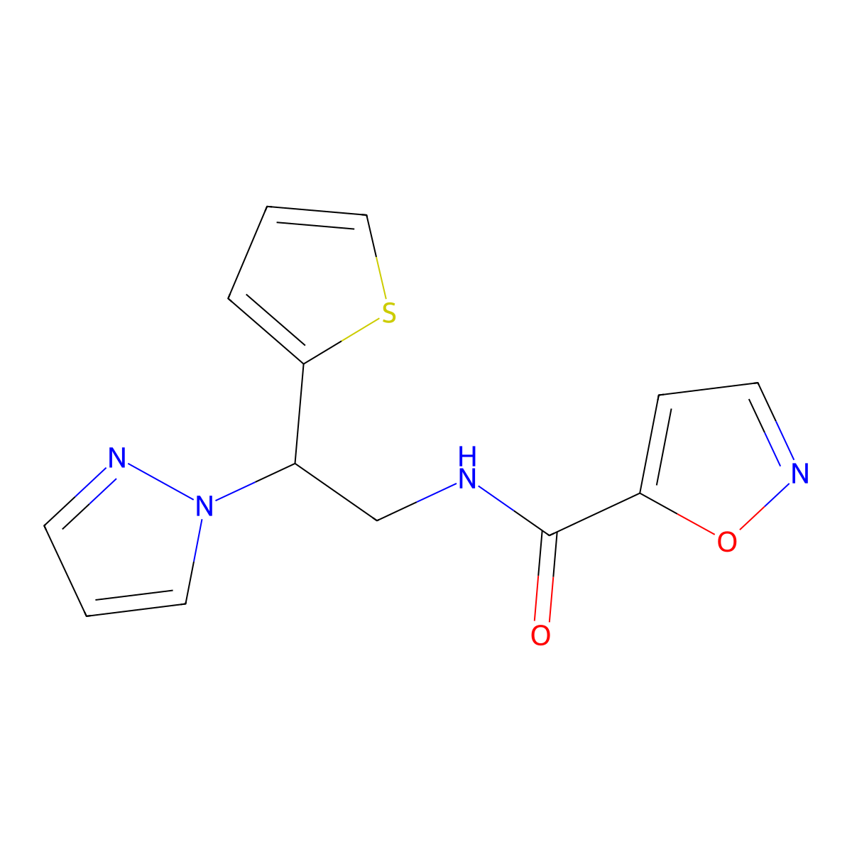 N-(2-(1H-pyrazol-1-yl)-2-(thiophen-2-yl)ethyl)isoxazole-5-carboxamide molecular structure, CAS 2034497-51-1