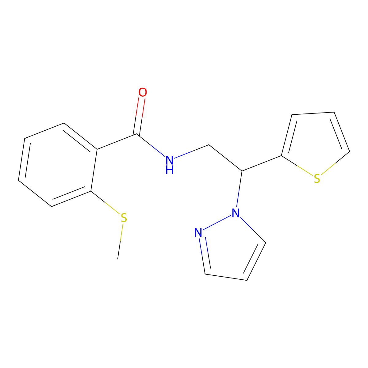 N-(2-(1H-pyrazol-1-yl)-2-(thiophen-2-yl)ethyl)-2-(methylthio)benzamide molecular structure, CAS 2034497-54-4