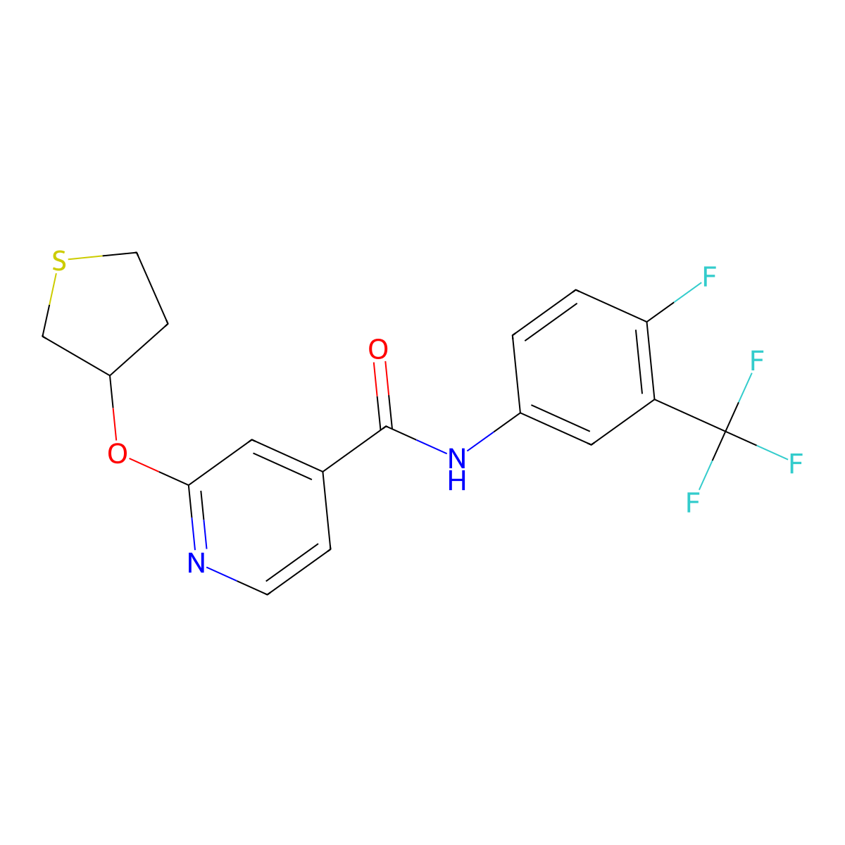 N-(4-fluoro-3-(trifluoromethyl)phenyl)-2-((tetrahydrothiophen-3-yl)oxy)isonicotinamide molecular structure, CAS 2034497-61-3