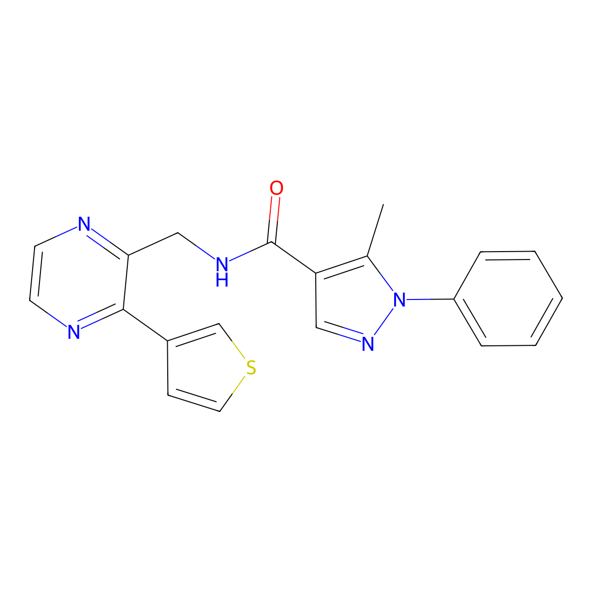 5-methyl-1-phenyl-N-{[3-(thiophen-3-yl)pyrazin-2-yl]methyl}-1H-pyrazole-4-carboxamide molecular structure, CAS 2034497-71-5